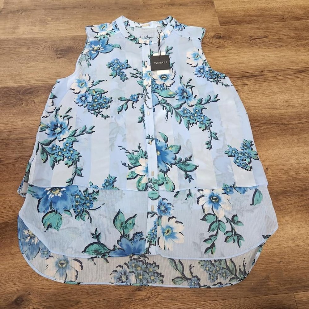 Tahari Blue Floral Striped Sleeveless Button Front Tunic Blouse